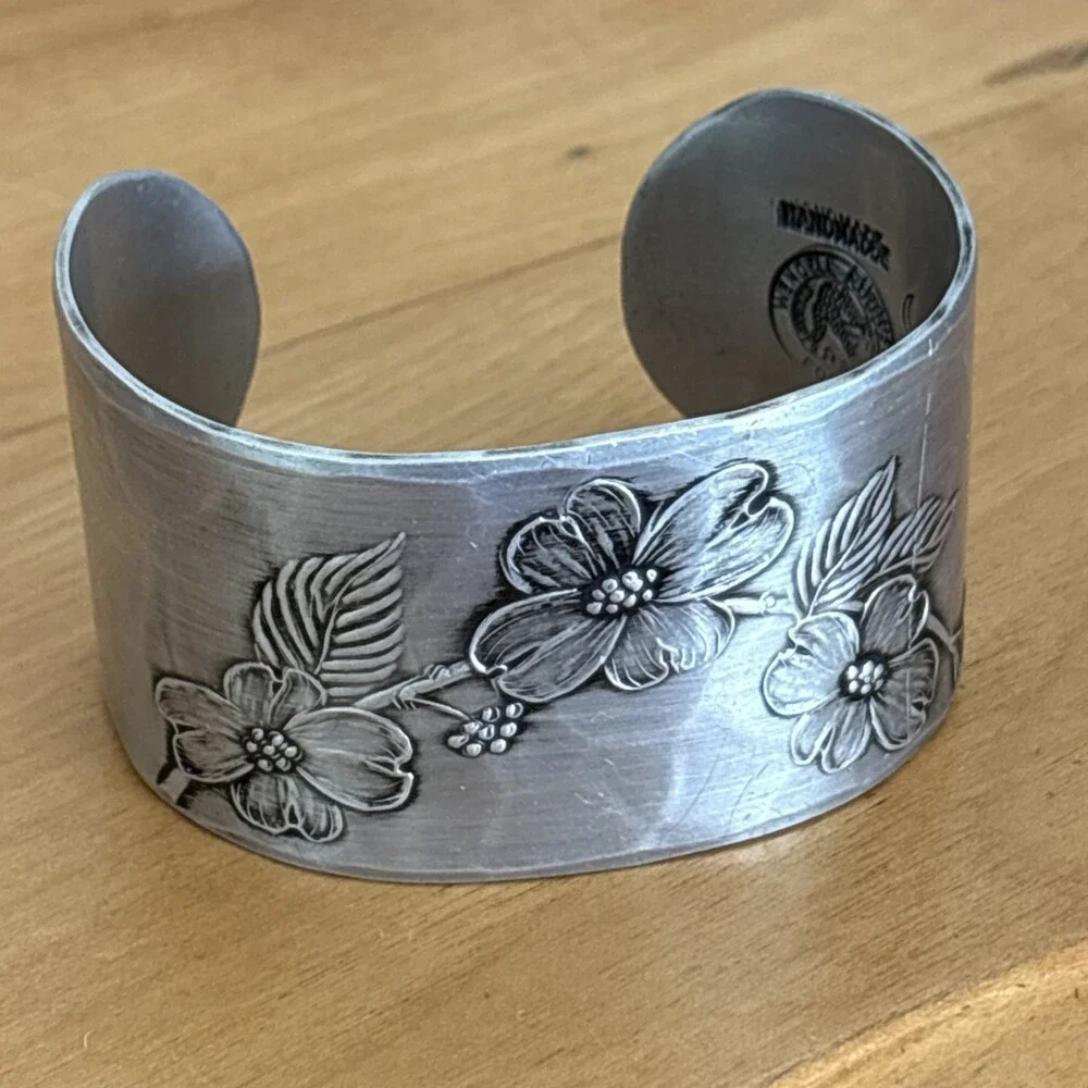 Pewter Bracelet by Wendell August Forge Hand Wrought Vintage Flowers Cuff 7-7.5